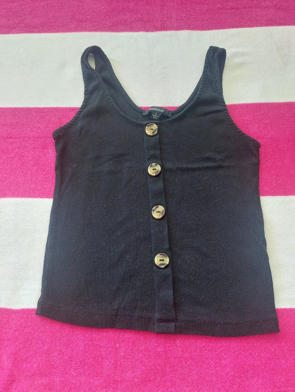 "Ambiance" Black Ribbed Tank with Decorative Button Size:S